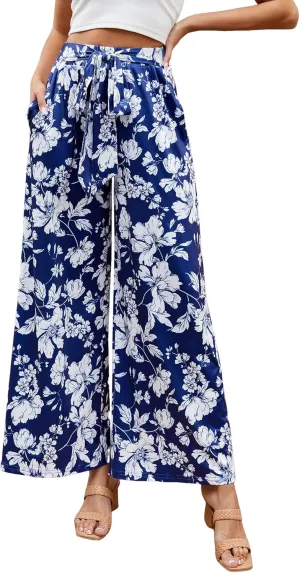 ZAFUL Women's Wide Leg Elastic Band Tied Pants High Waisted Printed Casual Palazzo Pants