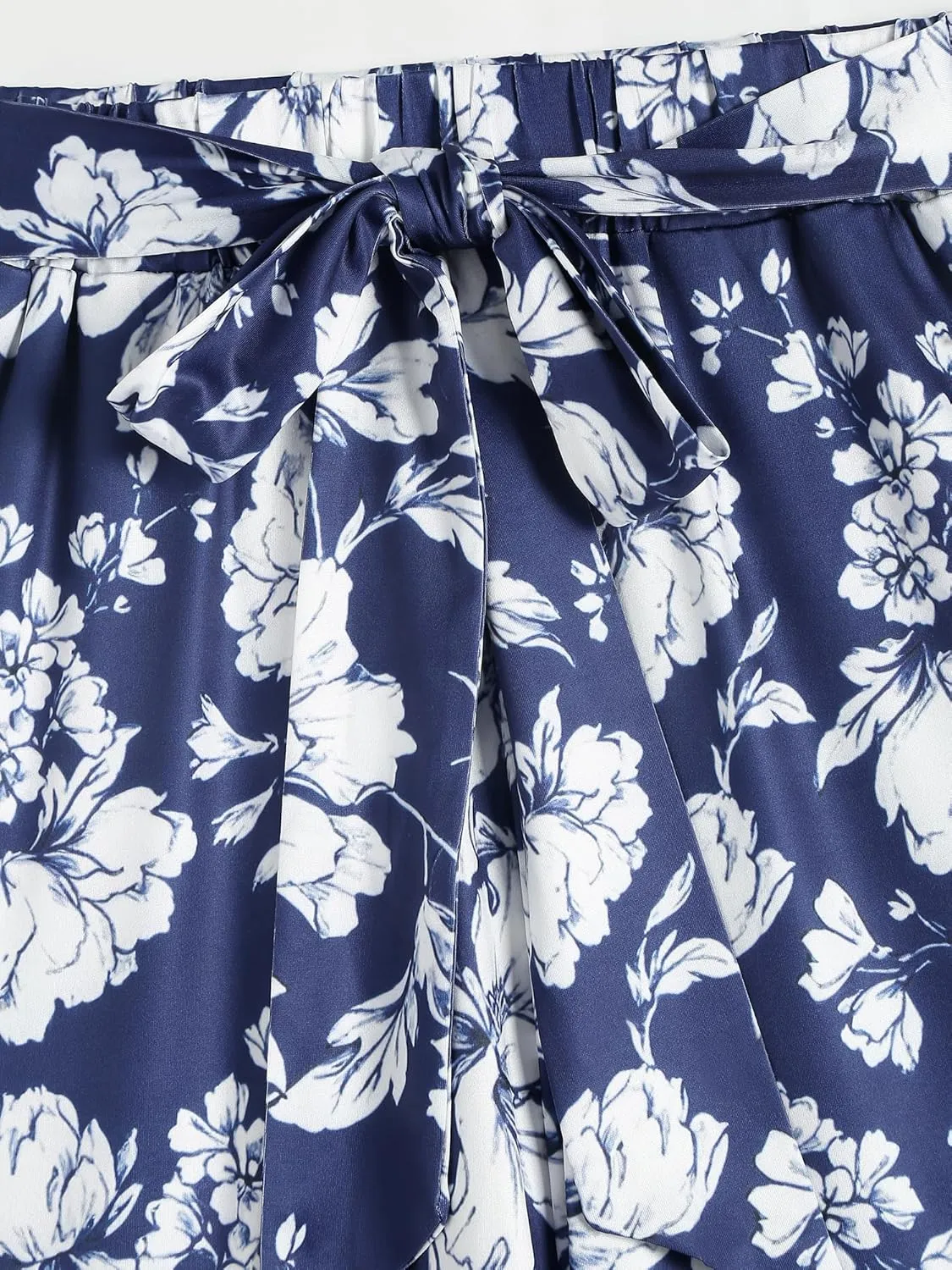 ZAFUL Women's Wide Leg Elastic Band Tied Pants High Waisted Printed Casual Palazzo Pants