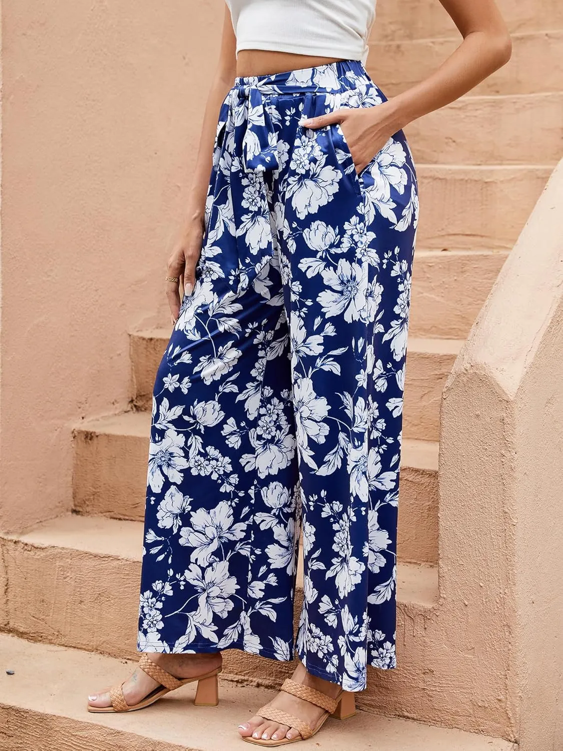 ZAFUL Women's Wide Leg Elastic Band Tied Pants High Waisted Printed Casual Palazzo Pants