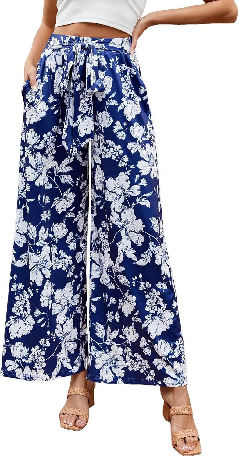 ZAFUL Women's Wide Leg Elastic Band Tied Pants High Waisted Printed Casual Palazzo Pants